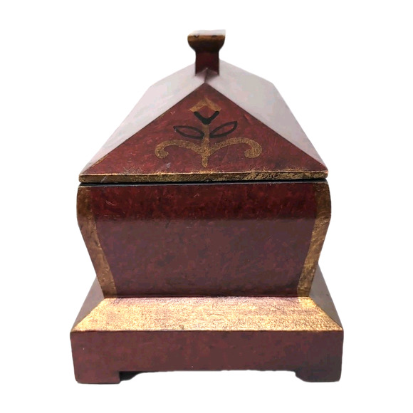 Pier 1 Imports Decorative Wooden Box w/ Lid Red Gold Hand-Painted Mantel Dresser - Picture 5 of 16